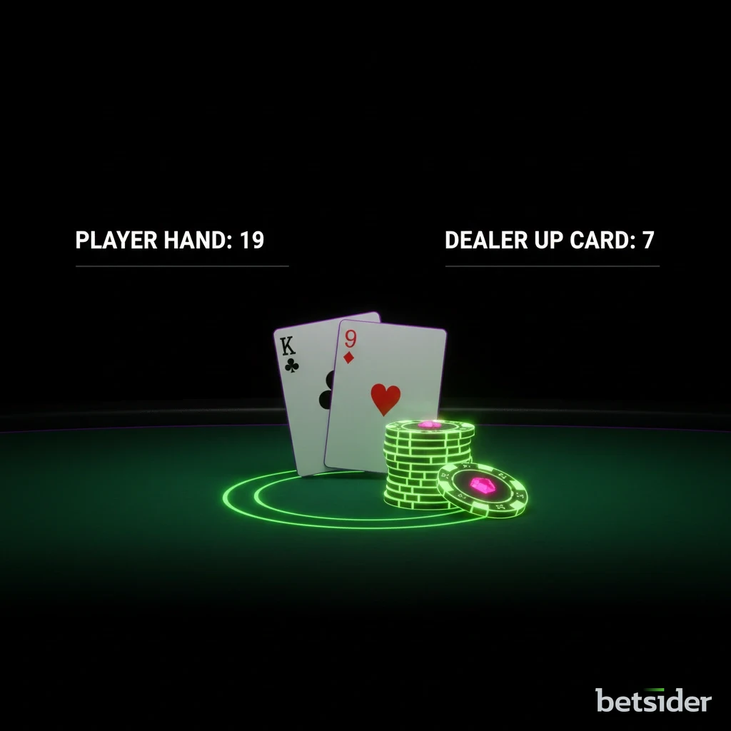 Um ecrã de jogo de Blackjack online com cartas e fichas numa mesa verde.