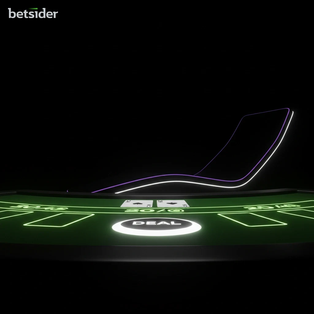 Uma vista de cima de uma mesa de blackjack digital, com cartas virtuais e fichas de casino.