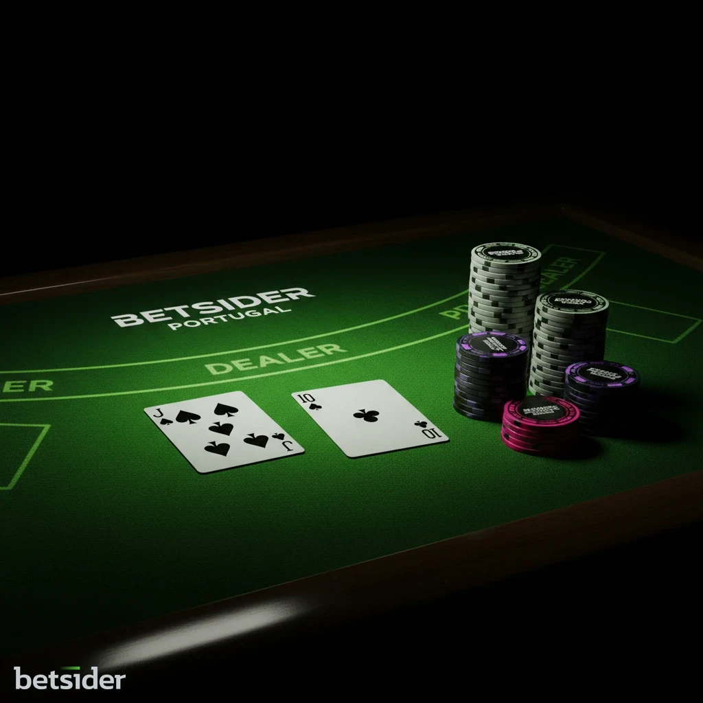 Mesa de blackjack com cartas distribuídas, fichas de casino e um baralho.