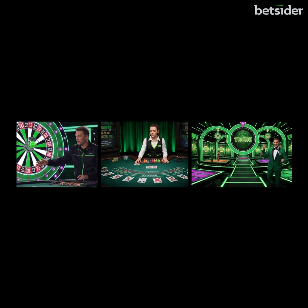 Montagem de jogos de casino ao vivo, incluindo roleta, blackjack e um game show.